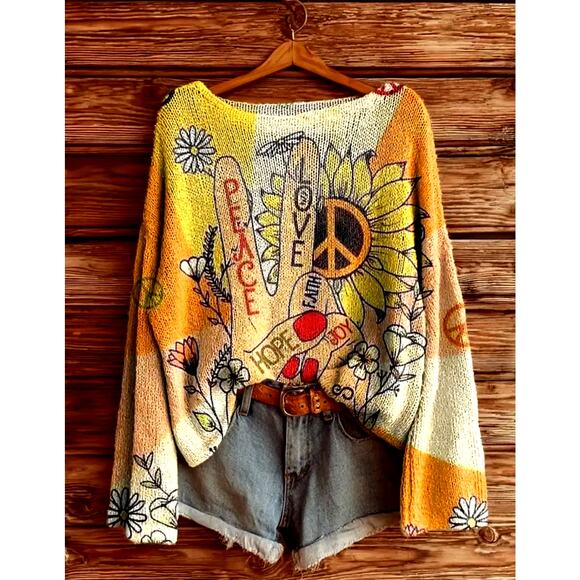 Retro Boho Peace Love Hope Colorful Long Sleeve Top 12 - Picture 1 of 11
